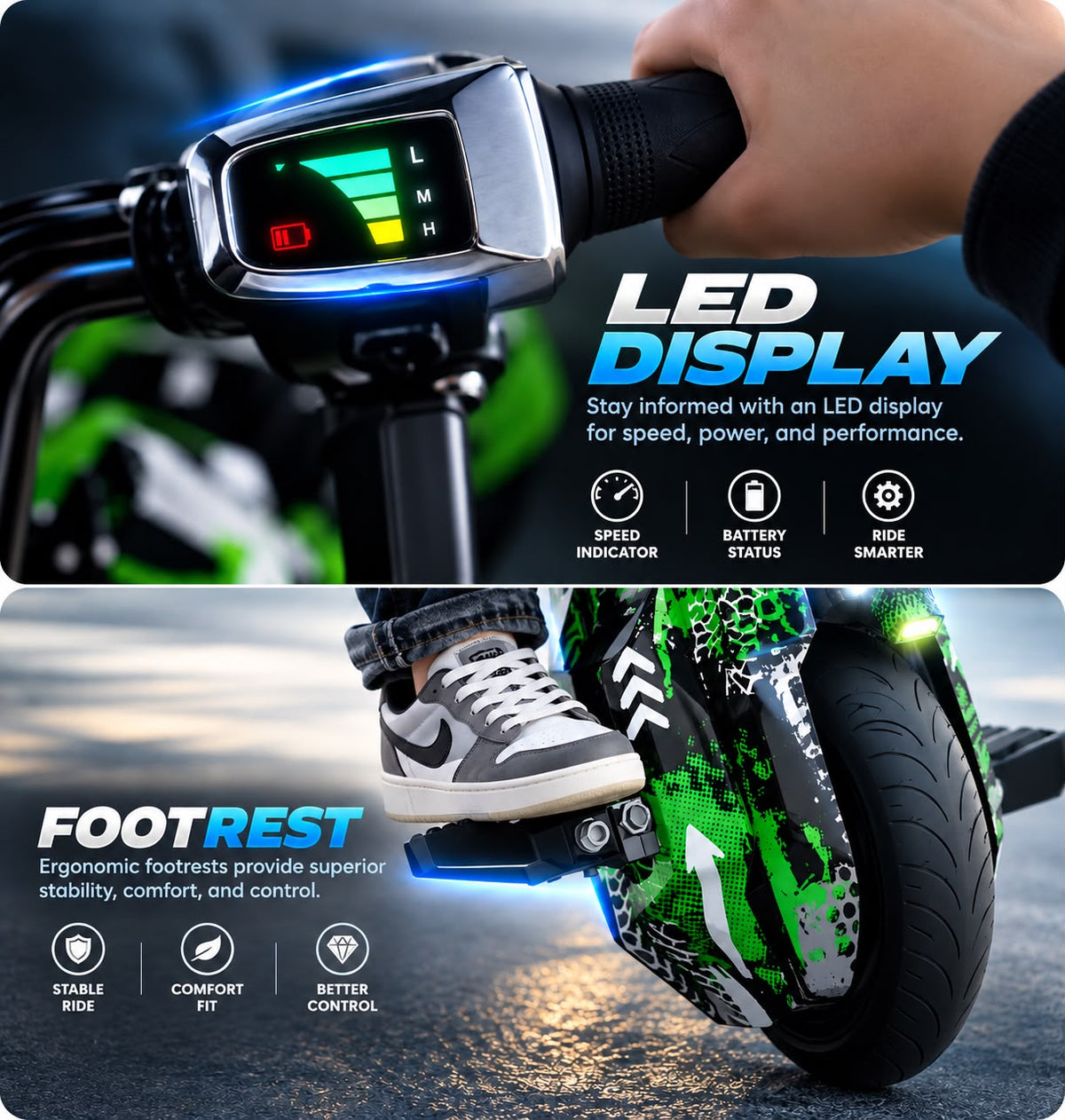 HOVERGO WHEEL ELECTRIC 360 DRIFT SCOOTER FOR KIDS AND ADULTS WITH LED LIGHT AND BLUETOOTH - GREEN