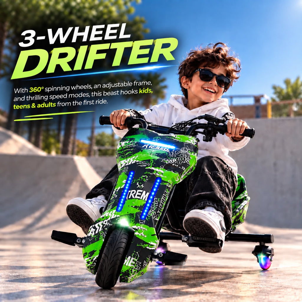 HOVERGO WHEEL ELECTRIC 360 DRIFT SCOOTER FOR KIDS AND ADULTS WITH LED LIGHT AND BLUETOOTH - GREEN